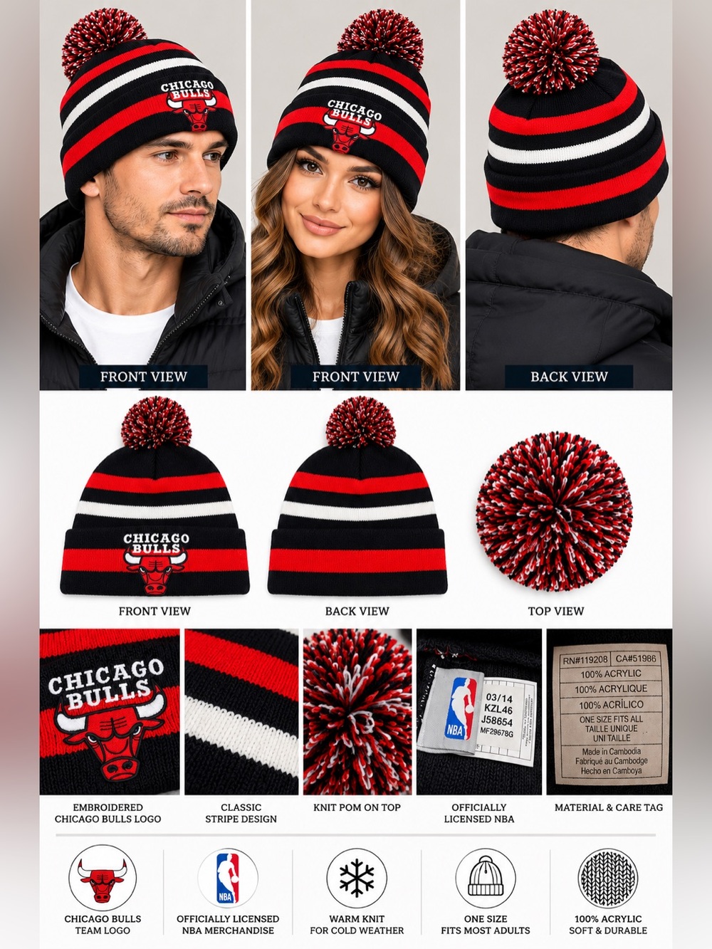 Chicago Bulls NBA Pom Beanie Black Red White Striped Knit Winter Hat 2014